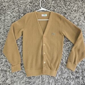 Vintage Sears Cardigan Sweater Mens Small Tan Dragon Logo Knit 70s 80s